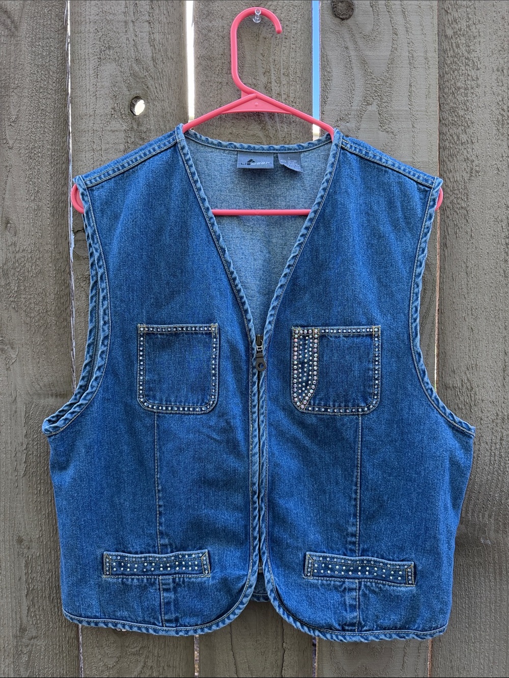 Vintage Liz Wear Studded Blue Denim Vest - Sleeveless 100% Cotton Tagged Large